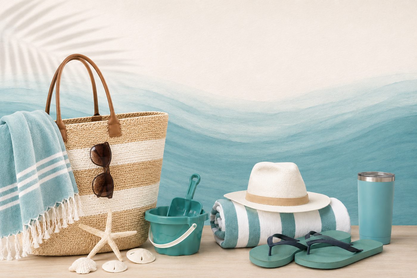 Our favorite beach essentials — bag, towels, hat, and sandals